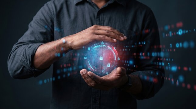 Developer holding glowing digital globe with lock icons and binary code streams, symbolizing cybersecurity, data protection and network security in dark studio setting