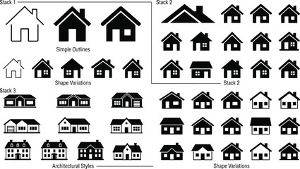 Fototapeta premium House icon stacks collection, simple outlines, shape variations, architectural styles, residential building vector artwork, minimal design illustration, property graphics bundle
