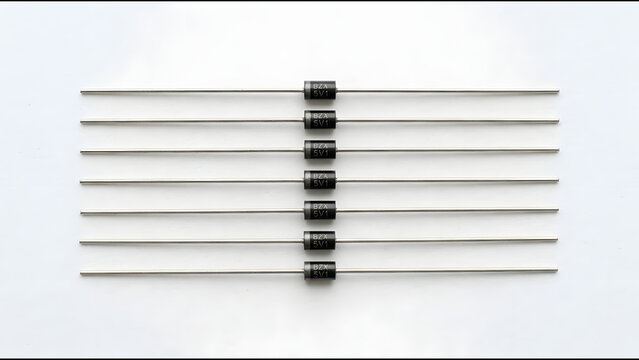 Zener Diode Glass Small Signal Body Black Cathode Band Flat Lay on Pure White Board Overhead View for Voltage Regulation Component