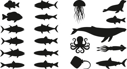 Marine animal silhouettes collection, ocean wildlife icons, fish species artwork, jellyfish illustration, whale vector design, shark octopus squid graphics bundle © MOSTSHAHANAJ