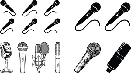 Microphone silhouettes collection, audio recording icons, vintage mic artwork, studio condenser illustration, handheld microphone vector design, music performance graphics bundle © MOSTSHAHANAJ