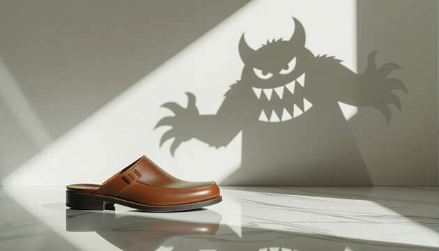 Brown shoe casting monster shadow on white floor and wall  