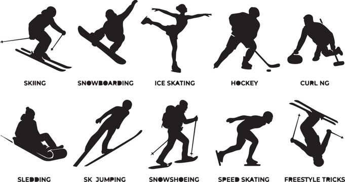 Winter sports silhouettes collection, skiing snowboarding ice skating hockey curling sledding ski jumping snowshoeing speed skating freestyle tricks vector illustration