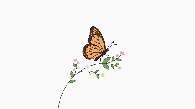 Monarch butterfly resting on a delicate flowering branch with small pink and white blossoms