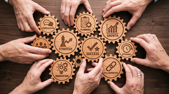 Multiple hands connecting wooden gears engraved with business concepts like strategy, success, and growth on a wooden desk