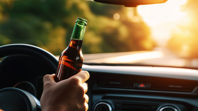 Driver's hand holding a refreshing bottle of beer while driving a car, conceptualizing impaired driving, risk, and road safety issues