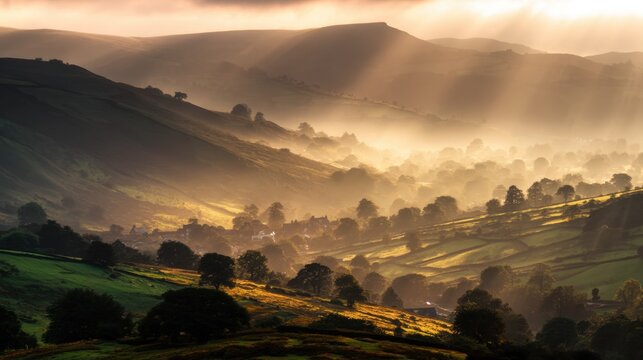 Serene Landscape of Rolling Hills Bathed in Golden Light with Dramatic Rays Breaking Through Misty Morning Sky Over Peaceful Countryside Valey