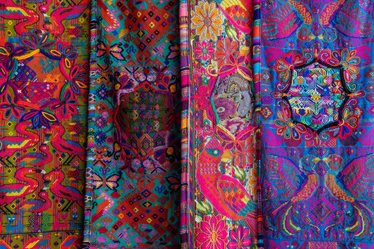 Colourful traditional Mayan textiles fabrics, San Antonio Palopo, Atitlan Lake, Guatemala.