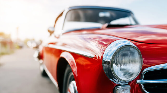 Red vintage car body gloss reflects sunlight, chrome details highlighting classic automotive design and motion blur background