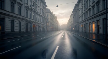 Obraz premium Empty urban street with wet pavement and classic European buildings at dawn.