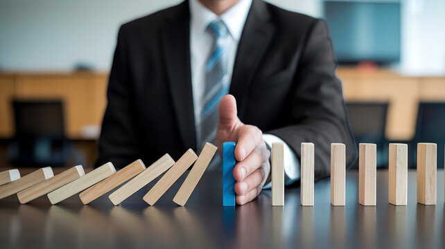 Man preventing domino effect with wooden blocks business concept.