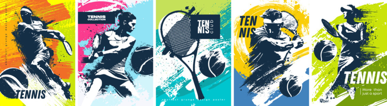 Grunge-style poster dedicated to tennis and sports. Tennis player with a tennis ball in an abstract style. Vector templates for postcards, posters, flyers, banners and other materials.