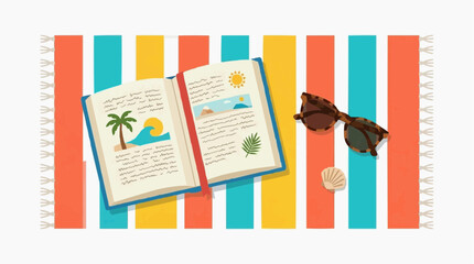 Naklejka premium Open book with beach scenes sunglasses and seashell on striped towel