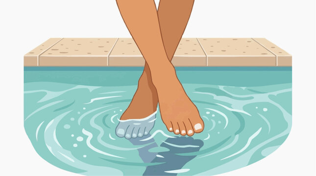 Woman dipping her feet into a swimming pool on a sunny day