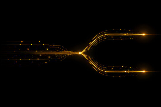 Glowing digital data streams splitting into multiple paths representing data distribution