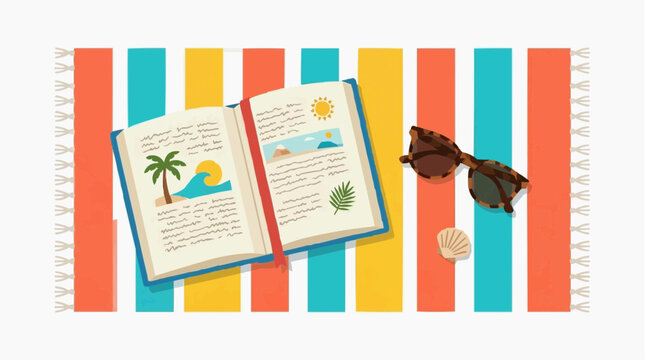 Open book with beach scenes sunglasses and seashell on striped towel