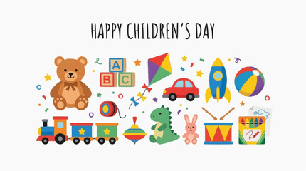 Fototapeta premium Happy Childrens Day illustration with various toys and colorful elements