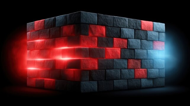 Abstract glowing cube built from dark stone bricks with neon red and blue light effects isolated on solid black background