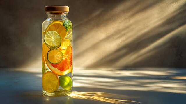 Glass bottle with infused citrus water and fresh fruit slices illuminated by warm natural sunlight