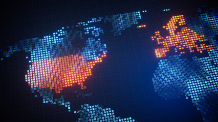 The USA and Europe glowing red on global digital data map. © Photocreo Bednarek