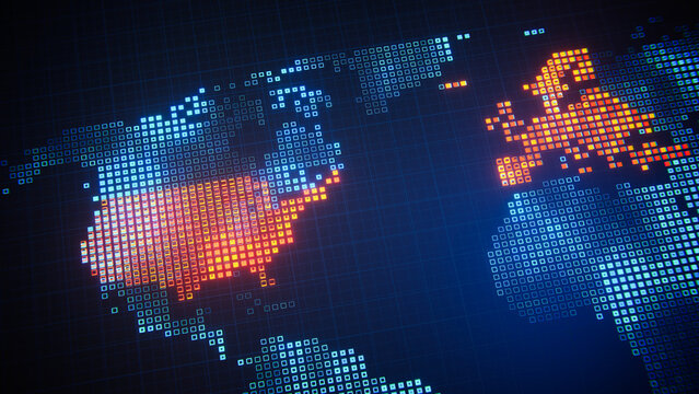 The USA and Europe glowing red on global digital data map.