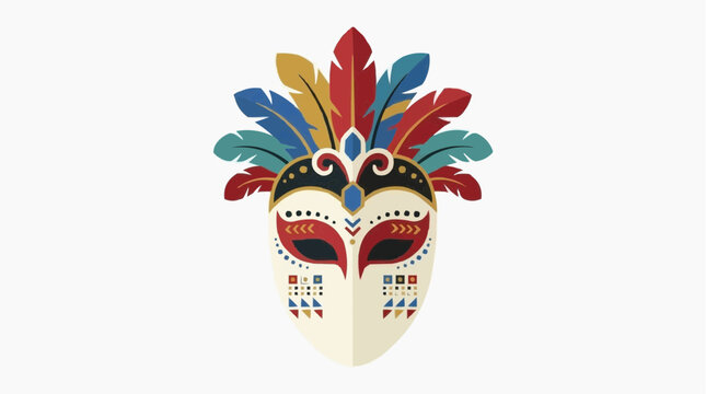 Colorful tribal mask with feathers and geometric patterns