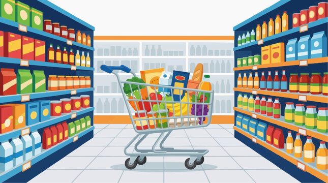 Grocery shopping cart filled with fresh produce and packaged goods in a supermarket aisle