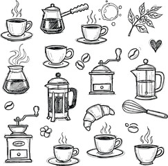 Obraz premium Hand-drawn coffee & bakery elements. sketchy cafe beverage objects