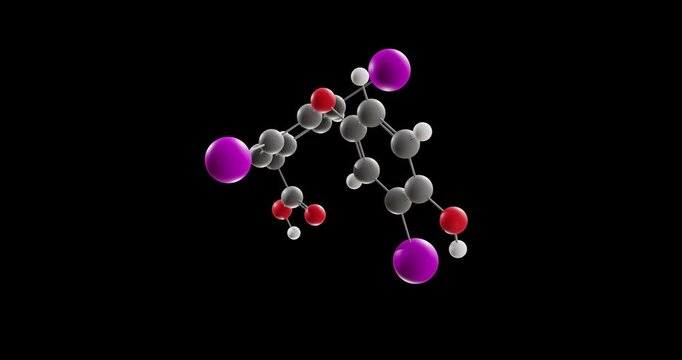 Tiratricol molecule, rotating 3D model of thyroid hormone analog, looped video on a black background
