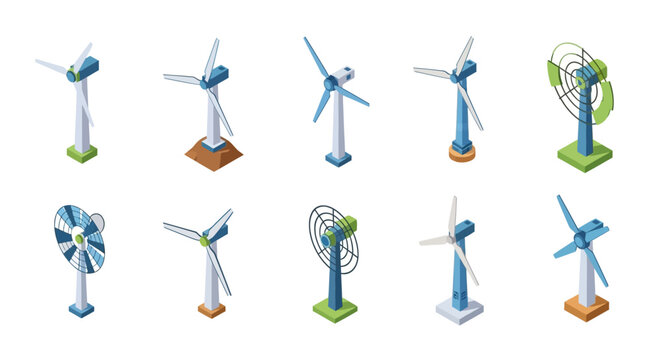 Isometric Wind Turbine Illustrations: A Collection of Renewable Energy Source Designs