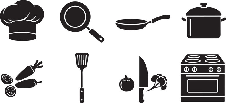Black and white of a chef's hat, whisk, spatula, ladle, frying pan, pepper mill, pepper shaker