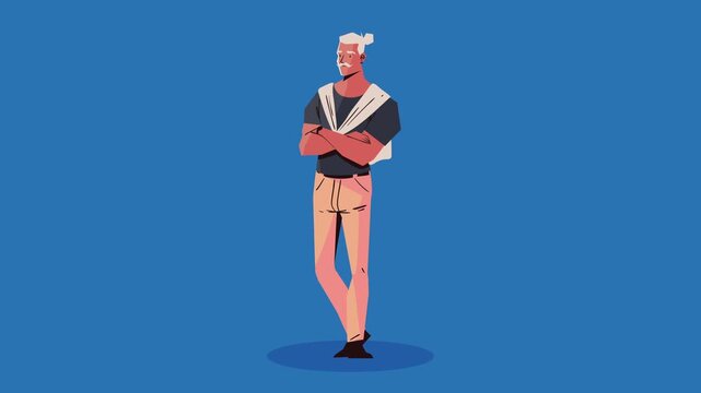 Young man with white hair standing with crossed arms against blue background in animated clip.