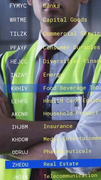 Vertical video: Site pro fixing badge, preparing for review as camera pulling, finance overlaying