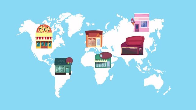 Global business franchising motion animation with shop icons popping up on world map background.
