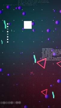 Vertical video: Particles and neon shapes animating as triangles spawn, rotating into looping HUD