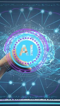Vertical video: AI emblem sensing finger contact spinning rings forming brain mesh activating nodes