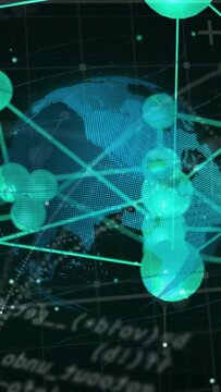 Vertical video: On load teal globe rotating, nodes scaling and clustering to reveal map and network