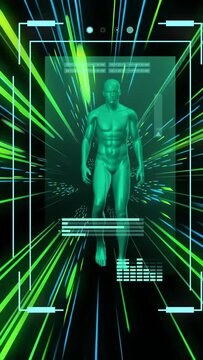 Vertical video: HUD activating, teal anatomy avatar advancing while neon streaks pulsing for scan