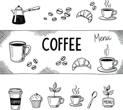 Hand-drawn coffee & bakery banner. sketchy cafe menu elements