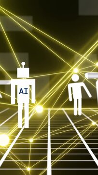 Vertical video: Camera moving revealing nodes, linking AI and user icons advancing, showing network