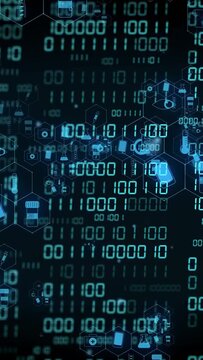 Vertical video: Binary pulse starting hex nodes forming and icons clustering, showing health data
