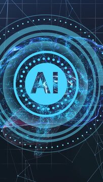 Vertical video: AI emblem pulsing, rings rotating and dotted ring blinking, visualizing data flow