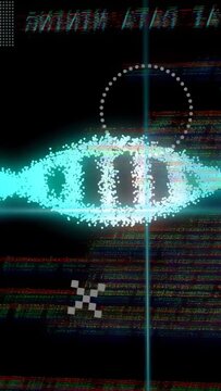 Vertical video: Particle mass forming DNA helix after teal beam passing, focusing to display HUD