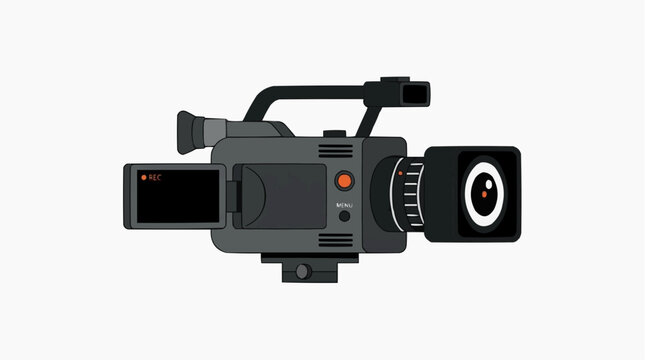 Digital illustration of a professional video camera with a flip out screen and lens