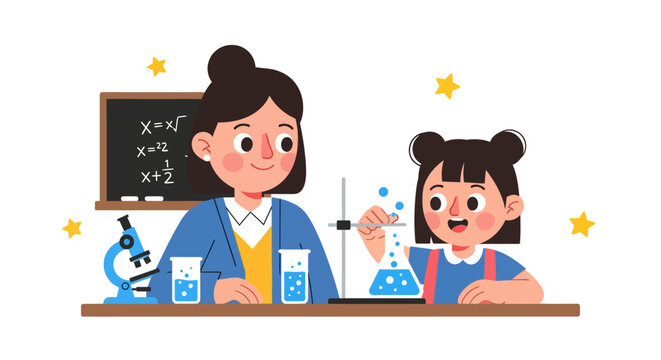Teacher and young student conducting a science experiment in a classroom with beakers and a microscope, illustrating hands-on learning.