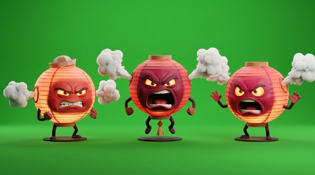 Three Angry Cartoon Lanterns Displaying Intense Frustration and Rage.