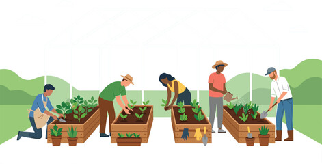 People gardening and growing vegetables in raised garden beds with modern flat vector illustration farming lifestyle collection style