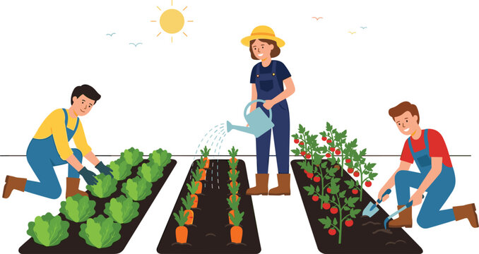 People growing vegetables and caring for garden plants in modern flat vector illustration farming and gardening collection style