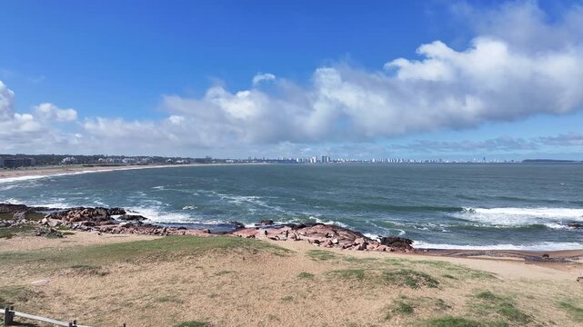 Ballena Franca Sculpture In Punta Del Este Maldonado Uruguay. Aerial Landscape Of Famous Statue In A Natural Scenery. Coast Sky Seaside Summertime. Coast Outdoors Beach Scenic Coastline.