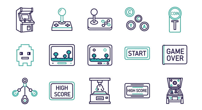 Retro arcade game icons with joystick coin and high score elements